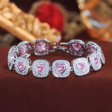 ThreeGraces Luxury Brilliant Pink Heart Zirconia Bridal Wedding Evening Party Geometric Link Chain B
