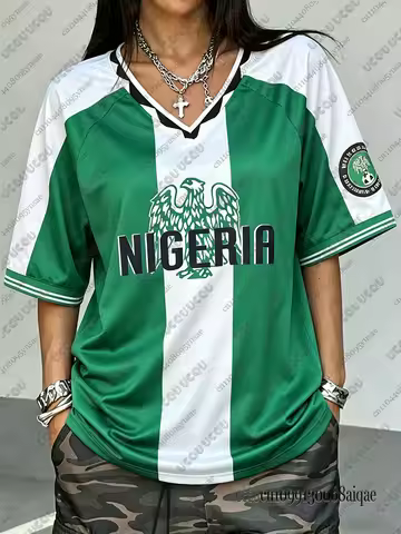 Summer Classic Nigeria Style Soccer Jersey For Women Casual Quick Dry Breathable V-Neck Sports Footb