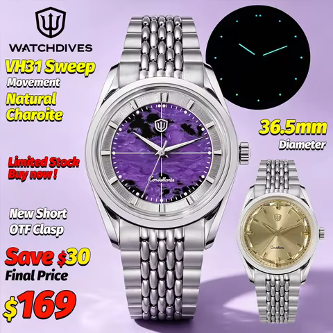 Watchdives WD1954 Charoite 36Mm Quartz Watch VH31 Movement AR Sapphire Waterproof 100M Stainless Ste