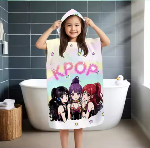 K-POP Cartoon Hooded Towel Poncho for Kids Adults, Soft Absorbent Beach Swim Robe, Cute Idol Print B