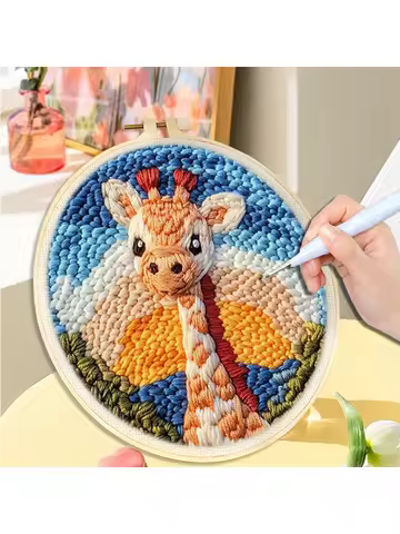 DIY Punch Needle Kits for Beginners Cute Animal with Hoop Embroidery Punch Needle Starter Craft Set 