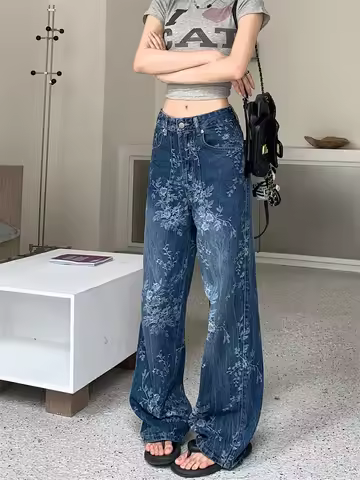 2025 Premium Y2K Jeans - Artistic Floral Printed Distressed Denim Relaxed Straight Leg Palazzo Pants