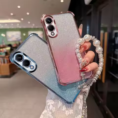 Gradient Glitter Shockproof TPU Phone Case with Luxury Pearl Wrist Strap For Samsung Galaxy S25 Ultr