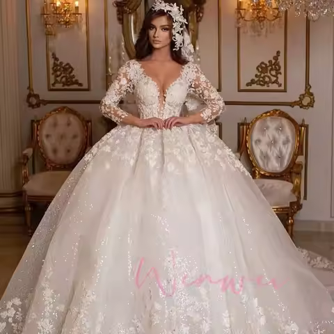 Lace Wedding Dresses Princess Ball Gown Beading Bridal Gowns Shinny Tulle Long Sleeves Dubai Marriag