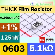 5.1kΩ 0603 ±1% 100mW 75V ±100ppm/ C Thick Film Resistors 5K1 5.1K 512 0603WAF5101T5E UNI-ROYAL
