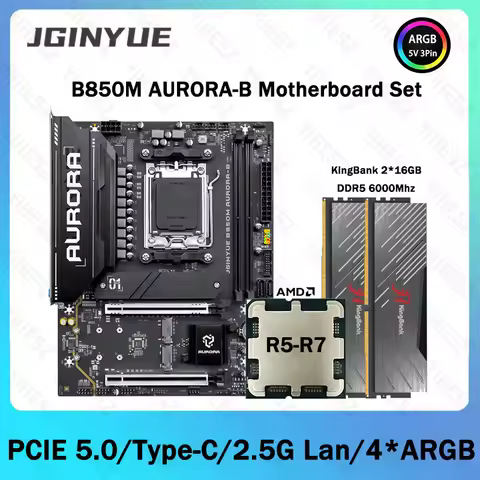 JGINYUE B850M AURORA-B Motherboard Set Supports AMD AM5 7000/8000/9000 Series 2x16GB DDR5 Dual-Chann