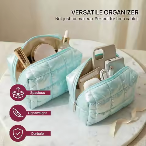 Y2K Aesthetic Checkered Makeup Pouch Bag Water-Resistant Pillowy Softness Puffy Cosmetic Bag Quilted