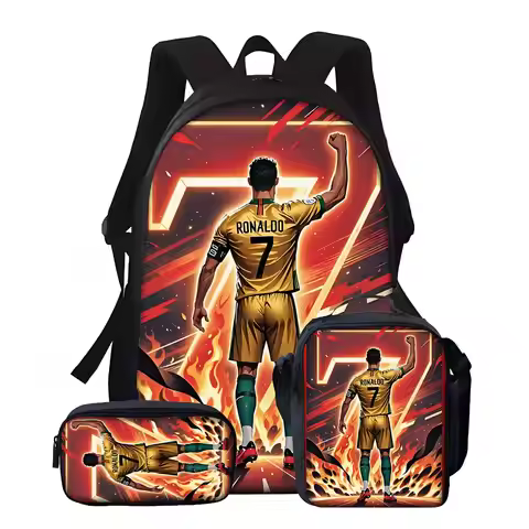 3Pcs/Set Football Star School Backpack Kids with Lunch Bags Pencil Bags C-CR7 School Bags for Boys R
