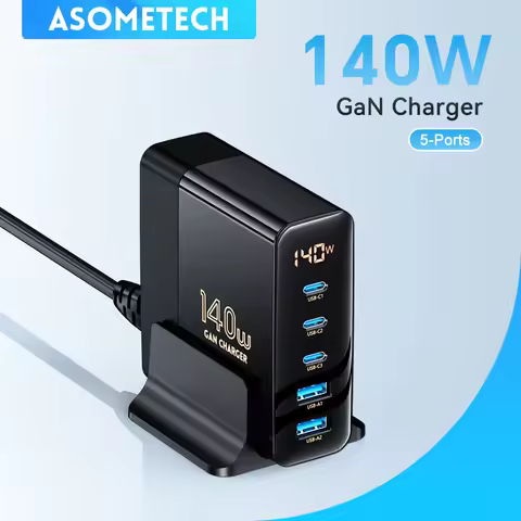 ASOMETECH 140W GaN USB Charger 3 USB C + 2 USB A Ports,100W PD3.0 PPS AFC Quick Charger For Macbook 