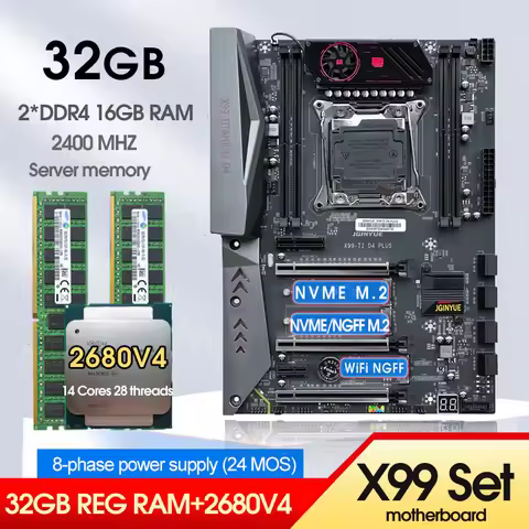 JINGYUE X99 D4 Motherboard Set E5 2680 V4 2011 v3 Processor LGA 2011-3 Kit with 2X16=32GB DDR4 2400M