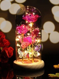 1入組保鮮玫瑰花燈,永恆的玫瑰花led燈箔花,在情人節送給女友、生日、婚禮聚會家居裝飾（附帶三只蝴蝶）