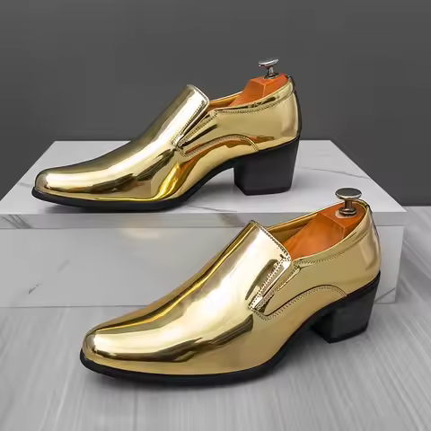New British Fashion Men's Gold Pointed Thick-soled Height Increasing Cuba Shoes Male Moccasins Weddi