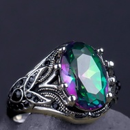 Cincin Pria Kristal Buatan Berwarna Oval yang Dipersonalisasi Batu Bentuk Telur Perak Hitam Berwarna