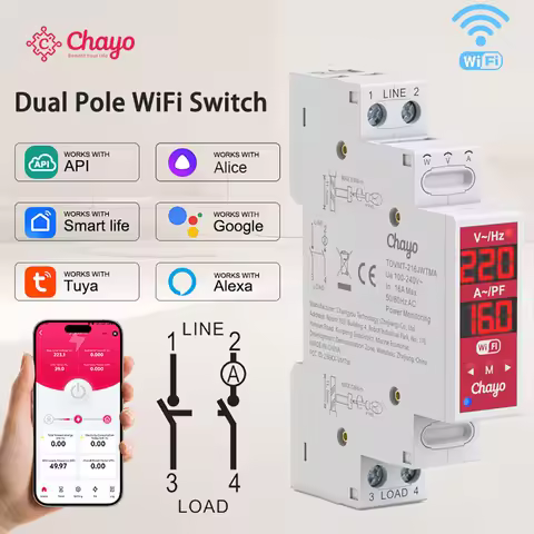 L/N or L/L 2P 18mm WiFi Relay 16A 100-240V AC Over/Undervoltage Auto/Manual Reclose Tuya Smart Life 