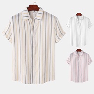 Men's Casual Loose Short Sleeve Stylish Striped Shirt Button Up Polo Shirt Plus Size Yellow\ Pink\ White