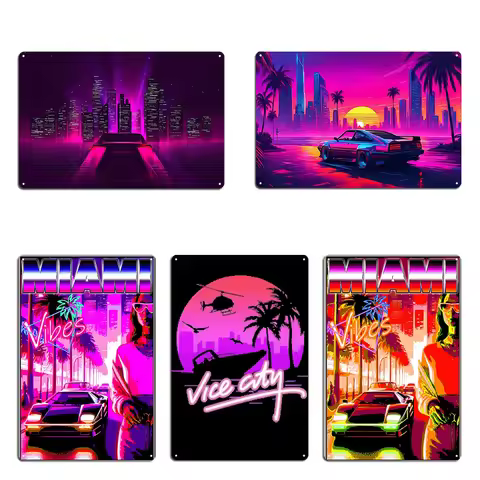 Retro 80s Vice City Poster Metal Plaque Wall Pub Living Room Vintage Wall Decor 80s Vice City Tin Si
