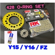 RK O-RING RACING CHAIN SPROCKET LEO SET 428 Y15 Y16 Y150 FZ Y15ZR Y150ZR GEAR SPOKET SPOCKET AJI GOL
