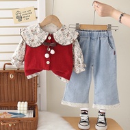 New Autumn Spring Girls Clothes Baby Causal Sweater Vest T-Shirt Causal Jeans 3pcs/set Kids Sport Su