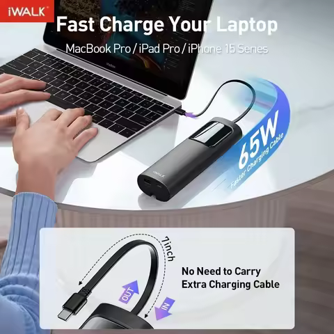 iWALK Laptop Power Bank, 20000mAh 65W 3-Output Portable Charger with Built-in USB-C Cable, PD QC Fas