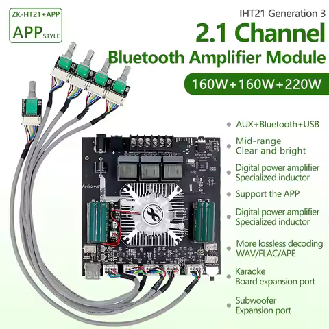 160W+160W+220W 2.1 Channel Bluetooth Amplifier Board ZK-HT21 3G/USB AUX APP TWS/Subwoofer Output Mod