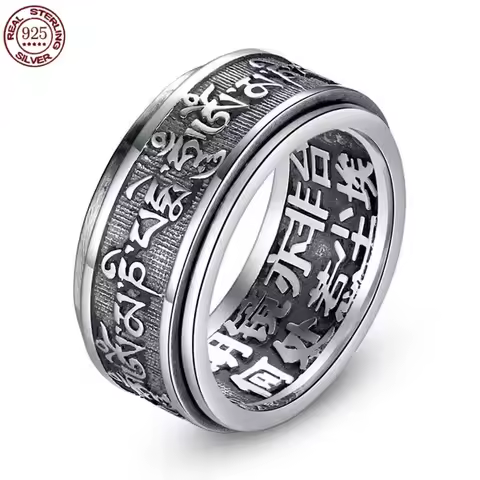 Real 925 Sterling Silver Vintage Rings Rotatable Tibetan Six Words Mantra Rings Om Mani Padme Hum Bu