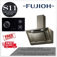 FUJIOH SC-2090 R/V  900MM INCLINED DESIGN COOKER HOOD  +  FUJIOH FH-GS5030 SVGL BLACK GLASS GAS HOB WITH  3 DIFFERENT BURNER SIZE BUNDLE DEAL