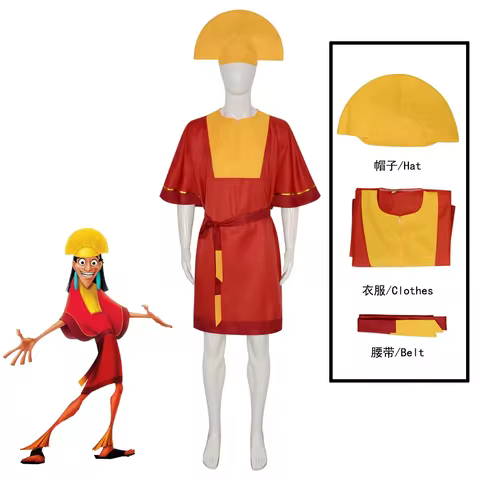 Anime Emperor Kuzco Cosplay Costume King Red Jumpsuit Yellow Hat Belt Outfits With Men Halloween Fan