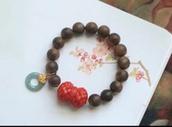 11mm天然沈香 沈香 朱砂雙頭蓮花危料藍水平安扣設計手串hs