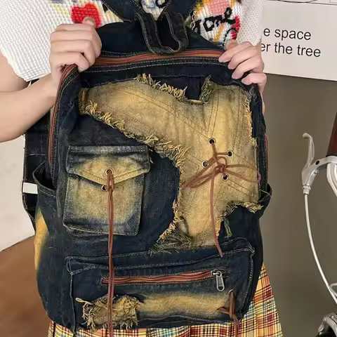 Washed Denim Womens backpack Large Capacity y2k Hot Fashion Designer big Travel Bag Girls Daypack ba