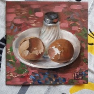 Small original cute still life artwork hand painted Oil painting on Cardboard