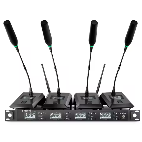 Phenyx Pro PTC-4 Wireless Conference Microphone System, 4x50 UHF Frequencies, Auto Scan, 4 Gooseneck