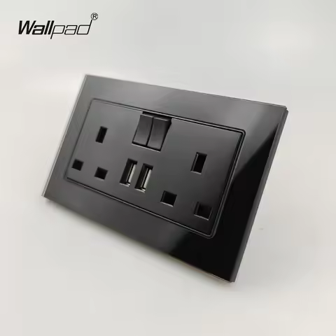 UK Standard Double Switched Power Socket with 2 USB Charging Ports Black Tempered Glass 146x86mm Siz