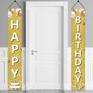 Gold White Happy Birthday Door Banner Decorations for Women Men, Golden Happy Birthday Porch Sign Pa