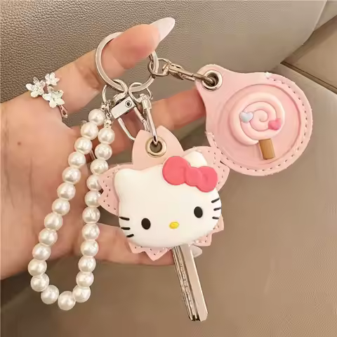 New Anime Hello Kitty Keychain Pendant Cartoon Pink Hello Kitty Head Round Access Card Protective Se