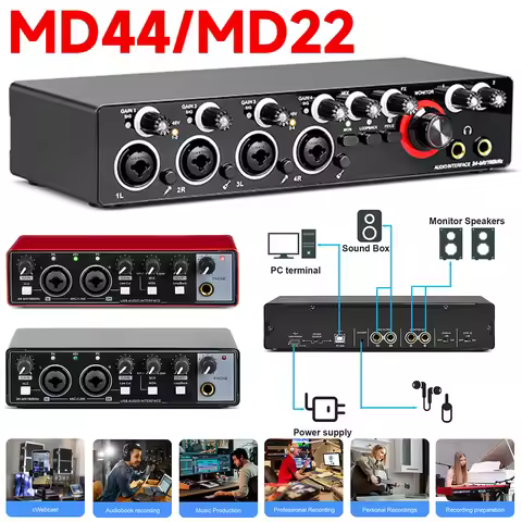 MD22 MD44 Audio Interface Studio Sound Card 4 Channel Sound Table Audio Sound Card 24 bit/192 kHZ El