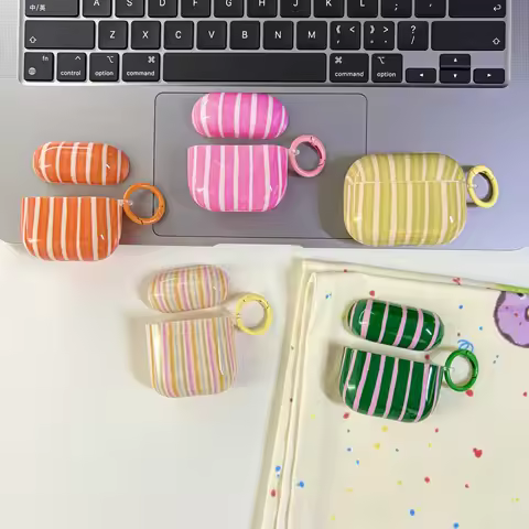 Simple Fashion Five-Color Pink Orange Green Yellow Stripe Lines Pattern Protective Earphone Case for