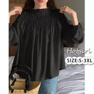 【READY STOCK AT Johor】 Hotgirl⭐French sweet round neck pleated design loose casual versatile puff sl
