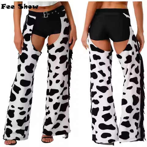 Womens Cow Spot Pattern Flannel Long Pants with Side Tassel Adjustable Waist Open Crotch Biking Ridi