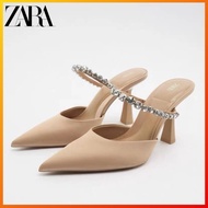 ZARA2022 Spring and Summer New Pointed Diamond Chain High Heel Satin Shining Fine Heel Temperament Muller Shoes Women