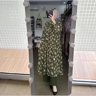 One Set Setelan Tunik Mentari Ceruty Premium Motif Mentari Full Furing Celana Kulot Polos Fashion Wa