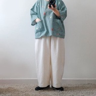 燕麥米皺皺直筒寬褲