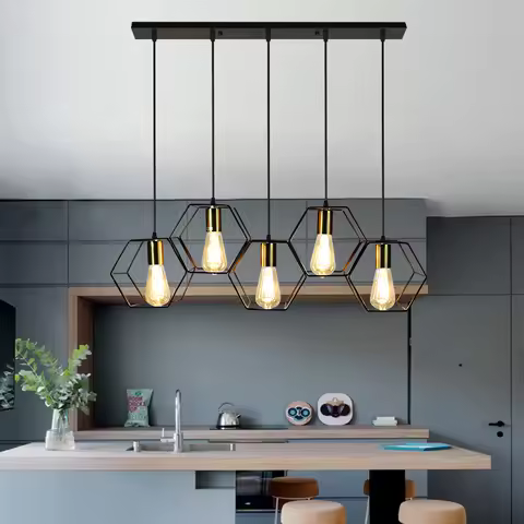 Modern Creative LED Chandelier Hanging Light Geometric Metal Frame Lamp Suitable For Restaurant Bedr