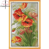 Cross Stitch Complete Set Poppy (4) Printed Unprinted Aida Fabric Canvas 11CT 14CT Stamped Counted Cloth Simple For KIds Beginner Small Size Lover Gift DIY Needlework Handmade Embroidery Home Room Decor Sewing Kit