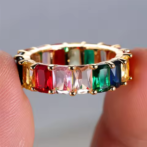 Mystic Rainbow Crystal Multicolor Zircon Square Stone Rings Yellow Gold Color Wedding Jewelry For Wo