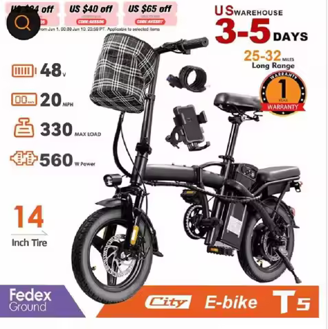 HEZZO T5 14Inch Folding Electric Bike for Adult Commuters 48V 350W 20MPH 18-22 Miles Range Disc Brak