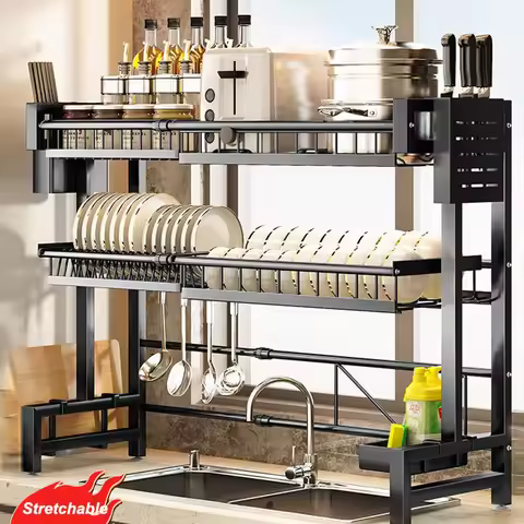 Kitchen Storage Shelf Above The Sink Stretchable Bowl Draining Rack Multifunctional Dish Knife Spoon