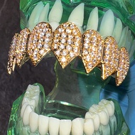14K Gold Plated Shark Grillz Eight Top Iced Flooded Out CZ Teeth 8 Tooth Bling Grill