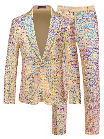 New Men Luxury Gold Sequin Suit 2Piece Large Size XXL Fashion Host Singer Bar KTV Stage Performance 