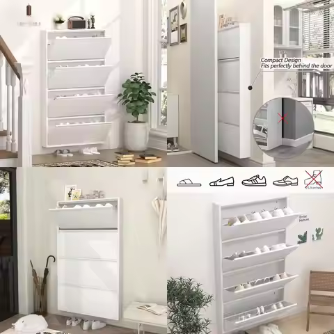 Wall-Mounted Metal Shoe Cabinet with 4 Drawers - Entryway Storage Organizer for Narrow Spaces