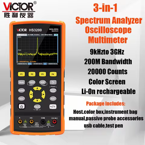 Rechargeable 3-in-1 Handheld RF Spectrum Analyzer - 9kHz-3GHz, 200MHz Oscilloscope, 20000-Count DMM 